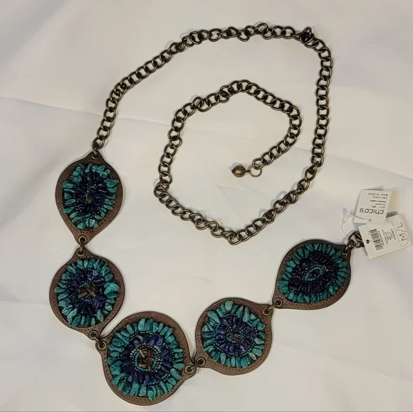 Chico's Leather Bronze Hip Belt Torquoise Teal Blue Stones Chain Concho Boho Y2K - Picture 2 of 7